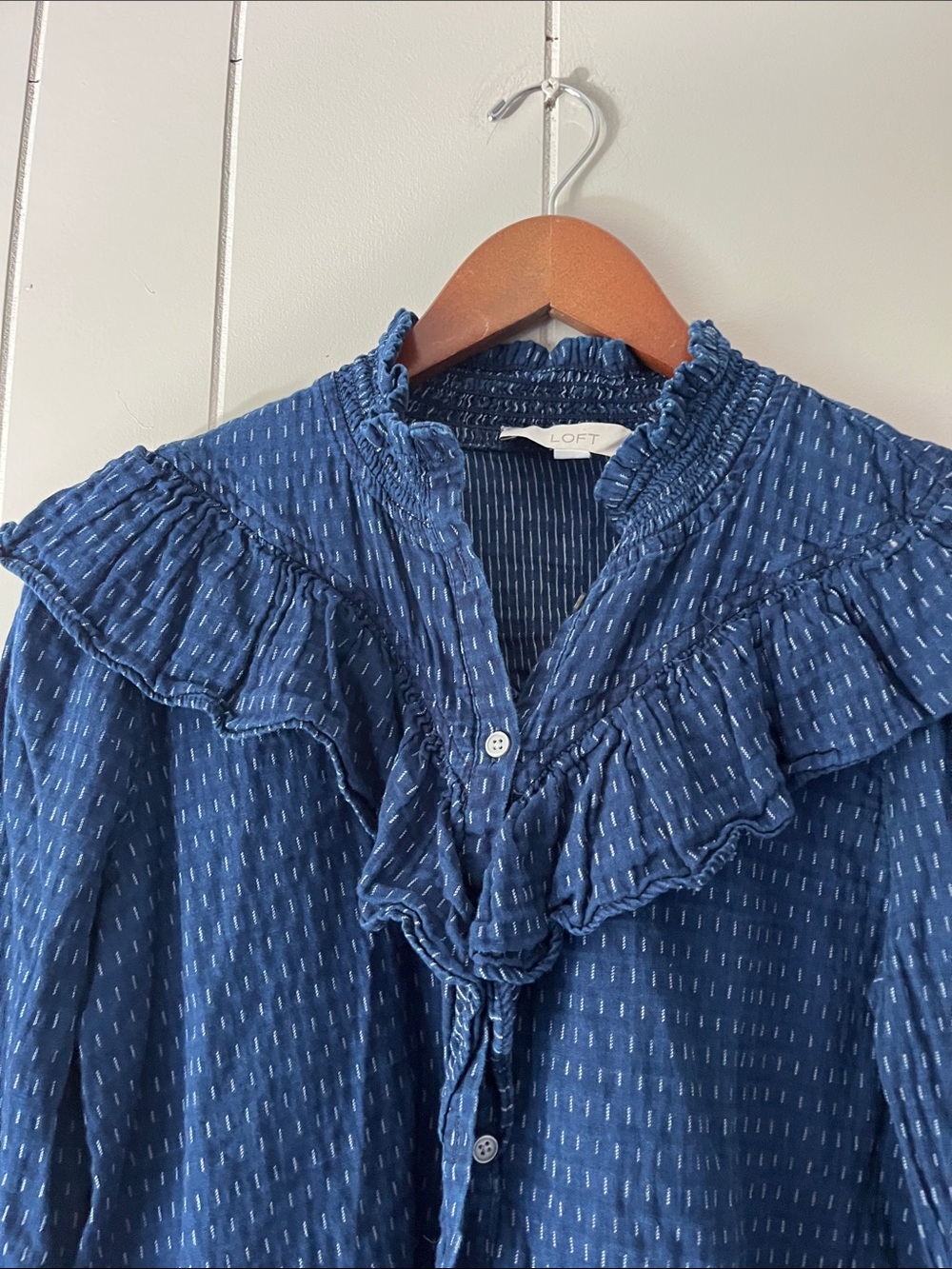 Navy Ruffle Collar Button-Down Blouse - Picture 3 of 10
